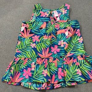 Cherokee Tropical Toucan Bird Teal/Green/Pink tank with tiered ruffle bottom